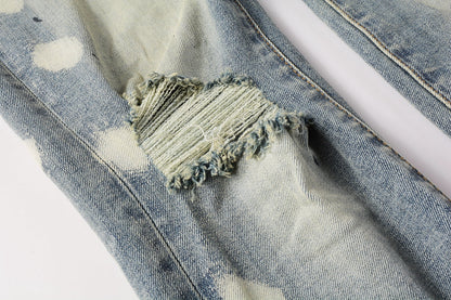 PURPLE Men Streetwear Jeans Distressed Light Blue Paint Dot Ripped skinny 9092