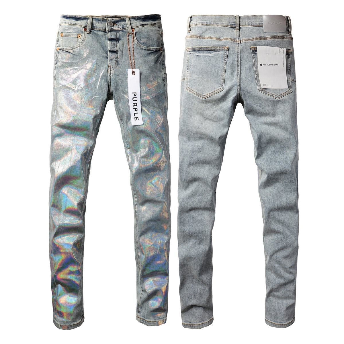PURPLE Men Streetwear Skinny Jeans Light Blue Wash with Holographic Iridescent Finish 9005