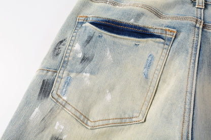 PURPLE Men Streetwear Skinny Jeans Light Blue Wash with White Paint Splatter and Distressed Rips 9007