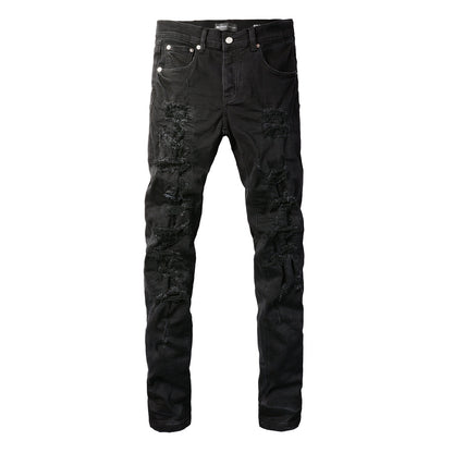 PURPLE Men Distressed Black Skinny Jeans with Heavy Ripped Design and Grunge Streetwear Vibe 9108