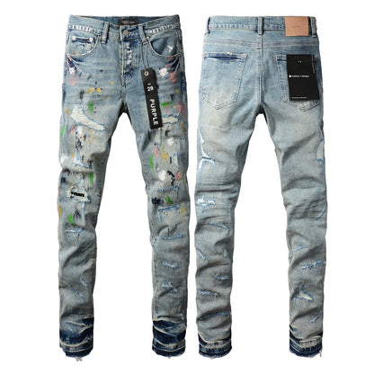 PURPLE Men Streetwear Skinny Jeans Light Blue Wash with Multi-Color Paint Splatter and Distressed Rips 9072