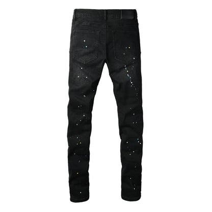 PURPLE Men Streetwear Skinny Jeans Black Wash with Distressed Details and Multi - Color Paint Splash 9121
