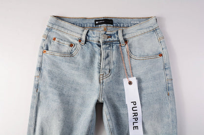 PURPLE Men Streetwear Skinny Jeans Light Blue Wash with Knee Ripped Details and Black Lining 9010