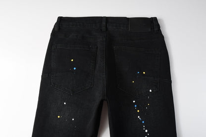 PURPLE Men Streetwear Skinny Jeans Black Wash with Distressed Details and Multi - Color Paint Splash 9121