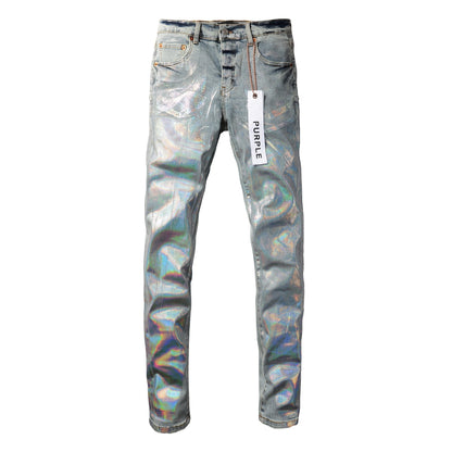 PURPLE Men Streetwear Skinny Jeans Light Blue Wash with Holographic Iridescent Finish 9005