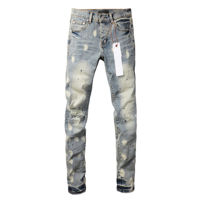 PURPLE Men Streetwear Jeans Distressed Light Blue Paint Dot Ripped skinny 9092