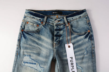 PURPLE Men Streetwear Skinny Jeans Light Blue Wash with Subtle White Pattern Wash 9013