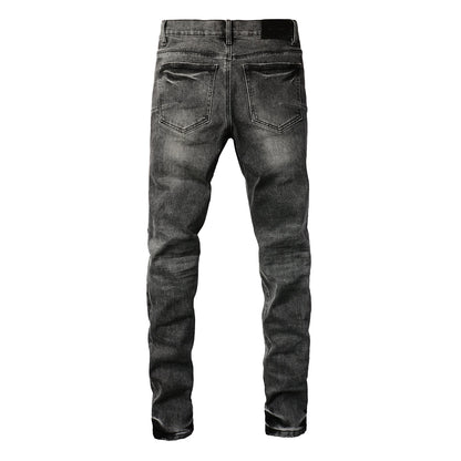 PURPLE Men Classic Streetwear Jeans Distressed Grey Ripped skinny Fit 9103