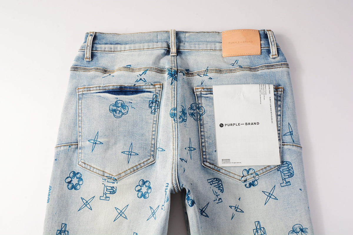 PURPLE Men Streetwear Skinny Jeans Light Blue Wash with White Paint Brush Strokes 9063