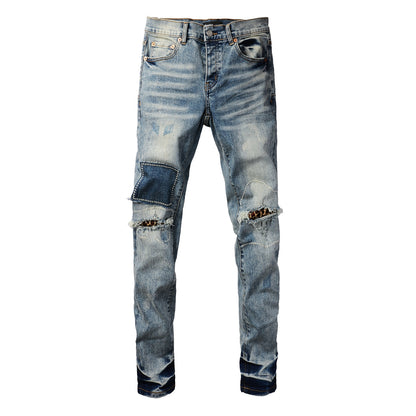 PURPLE Men Streetwear Jeans Distressed Light Blue Patch Leopard Ripped skinny 9095