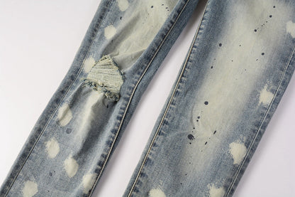 PURPLE Men Streetwear Jeans Distressed Light Blue Paint Dot Ripped skinny 9092
