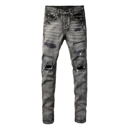 PURPLE Men Classic Streetwear Jeans Distressed Black Grey Ripped skinny 9068