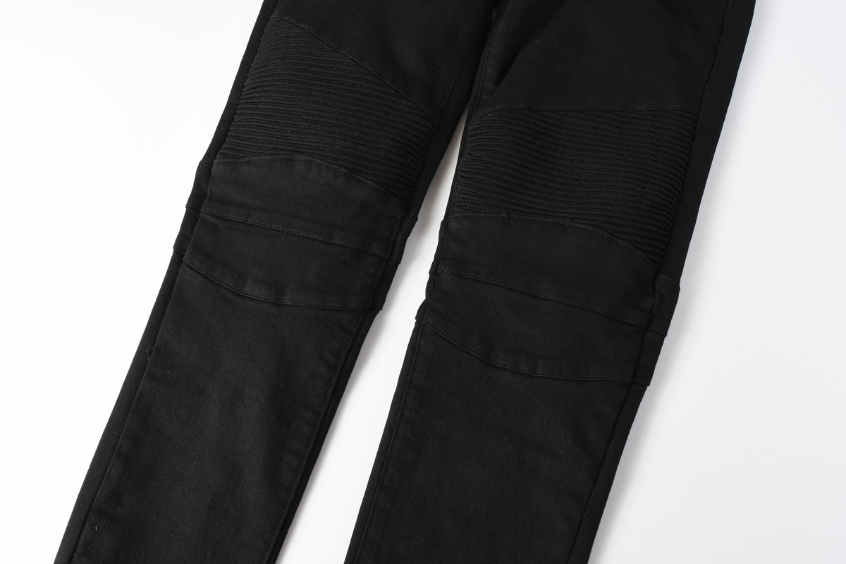 PURPLE Men Streetwear Biker Skinny Jeans Black with Knee Pleats and Zipper Pockets 0964