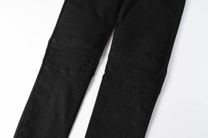 PURPLE Men Streetwear Biker Skinny Jeans Black with Knee Pleats and Zipper Pockets 0964