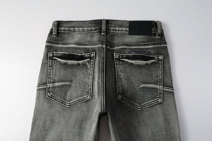 PURPLE Men Classic Streetwear Jeans Distressed Black Grey Ripped skinny 9068