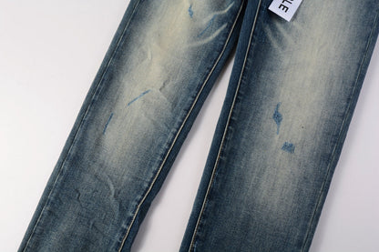 PURPLE Men Streetwear Skinny Jeans Light Blue Wash with Vintage Faded Wash and Subtle Distress 9055