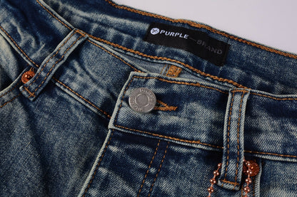 PURPLE Men Streetwear Skinny Jeans Light Blue Wash with Patchwork Distressed Details 9015