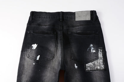 PURPLE Men Streetwear Jeans Distressed Black Paint Splash Patch Ripped skinny 9099