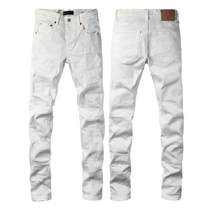 PURPLE Men Classic Streetwear Skinny Jeans Solid White with Subtle Distressed Details PU9118