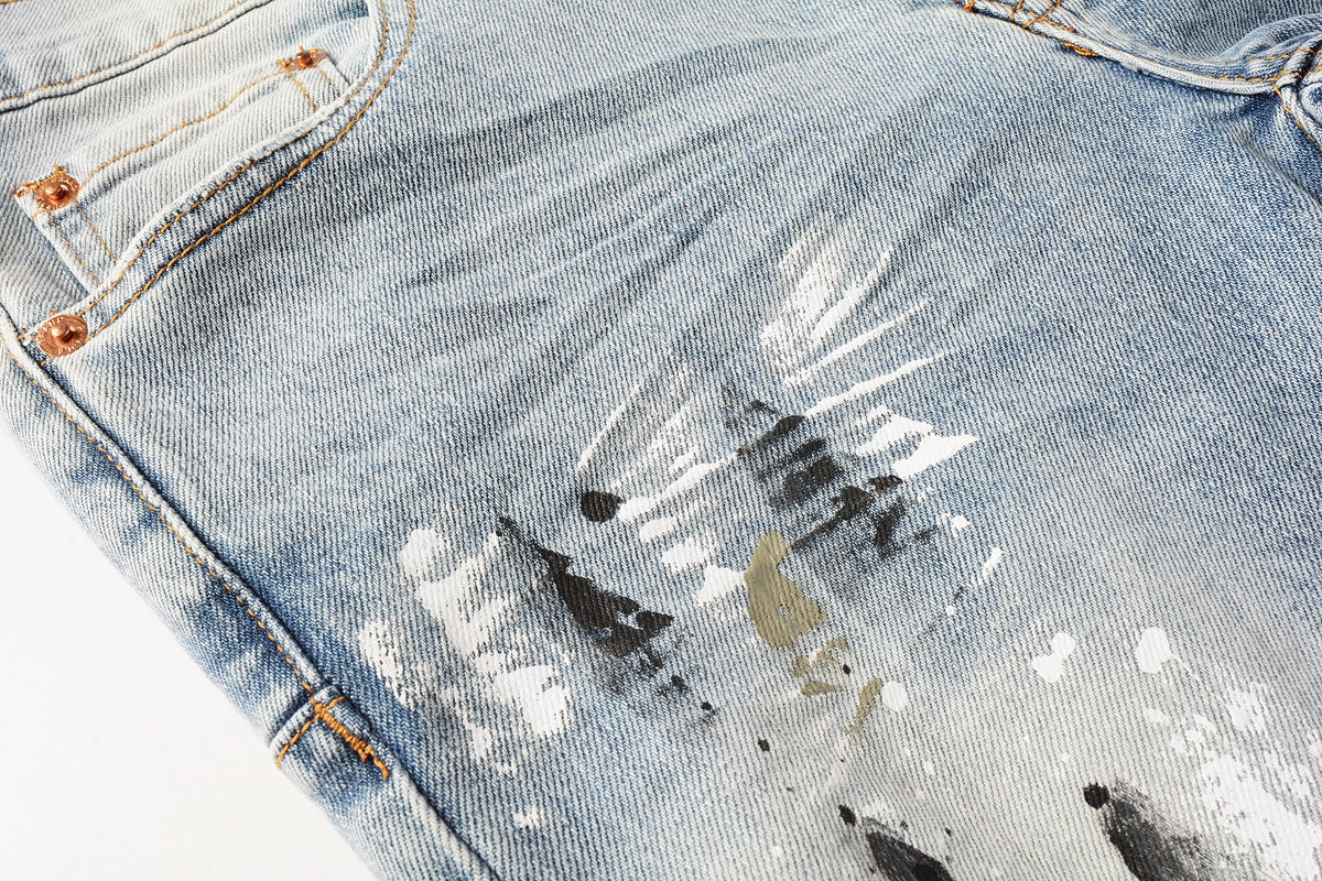 PURPLE Men Streetwear Jeans Light Blue Paint Splash Distressed Ripped skinny 9100