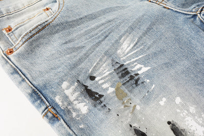 PURPLE Men Streetwear Jeans Light Blue Paint Splash Distressed Ripped skinny 9100