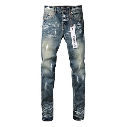 PURPLE Men Streetwear Skinny Jeans Light Blue Wash with White Paint Brush Strokes 9060