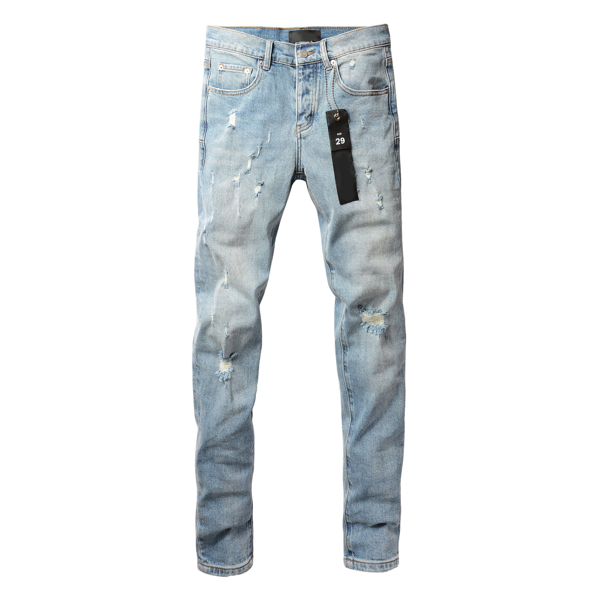 PURPLE Men Streetwear Skinny Jeans Light Blue Wash with Subtle Distressed Ripped Details 9075