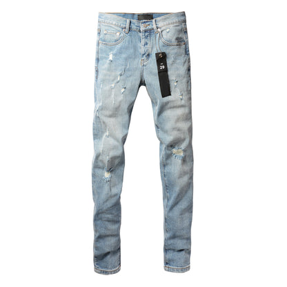 PURPLE Men Streetwear Skinny Jeans Light Blue Wash with Subtle Distressed Ripped Details 9075