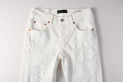 PURPLE Men Classic Streetwear Skinny Jeans Solid White with Subtle Distressed Details PU9118