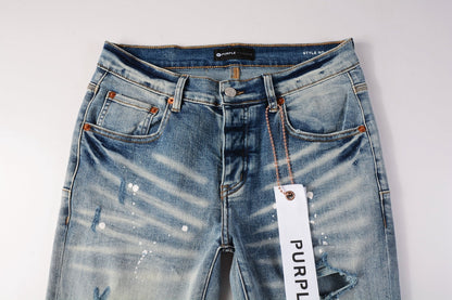 PURPLE Men Streetwear Skinny Jeans Light Blue Wash with Heavy Distressed Rips and White Paint Splatter 9003