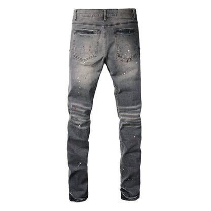 PURPLE Men Streetwear Distressed Grey Skinny Jeanswith Color Paint Splatter and Knee Rips 9107