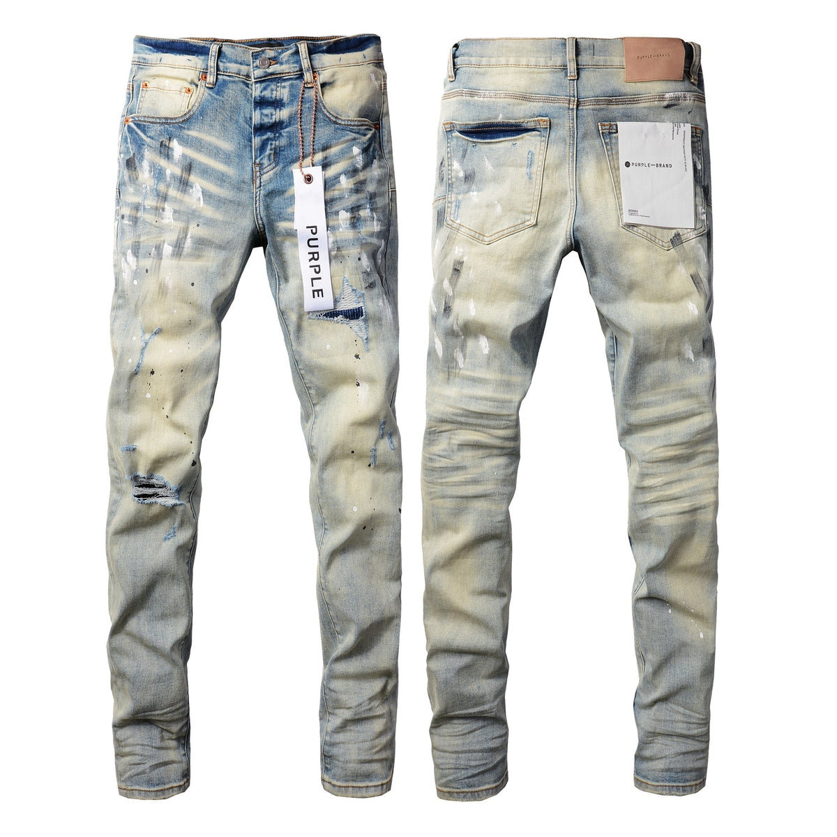 PURPLE Men Streetwear Skinny Jeans Light Blue Wash with White Paint Splatter and Distressed Rips 9007