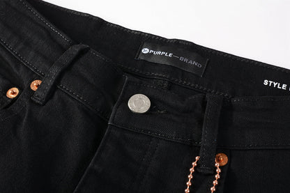 PURPLE Men Streetwear Skinny Jeans Black Wash with All-Over Metallic Gold "P" Print 9008