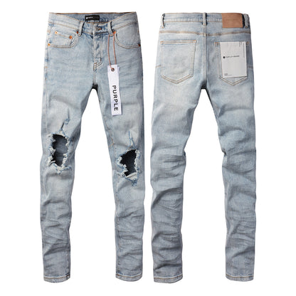 PURPLE Men Streetwear Skinny Jeans Light Blue Wash with Knee Ripped Details and Black Lining 9010