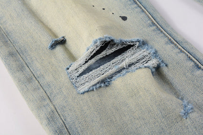 PURPLE Men Streetwear Skinny Jeans Light Blue Wash with White Paint Splatter and Distressed Rips 9007