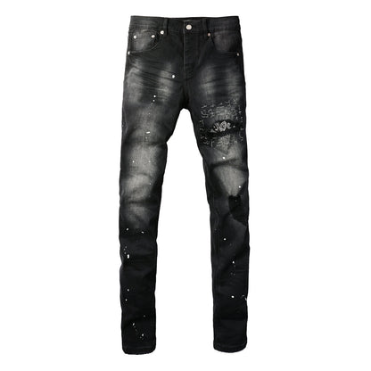 PURPLE Men Streetwear Jeans Distressed Black Paint Splash Patch Ripped skinny 9099
