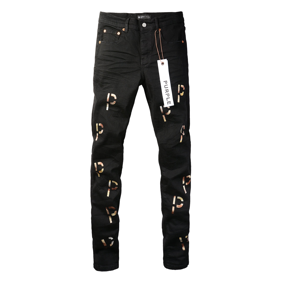 PURPLE Men Streetwear Skinny Jeans Black Wash with All-Over Metallic Gold "P" Print 9008