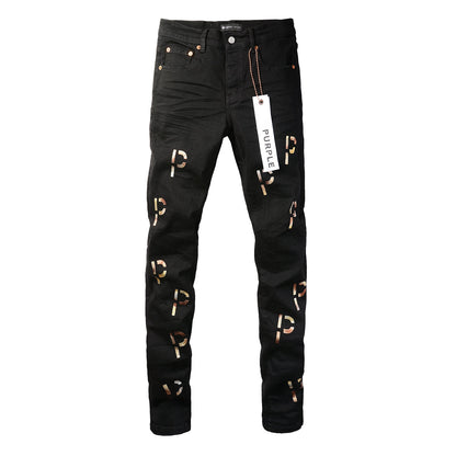 PURPLE Men Streetwear Skinny Jeans Black Wash with All-Over Metallic Gold "P" Print 9008