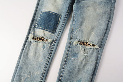 PURPLE Men Streetwear Jeans Distressed Light Blue Patch Leopard Ripped skinny 9095