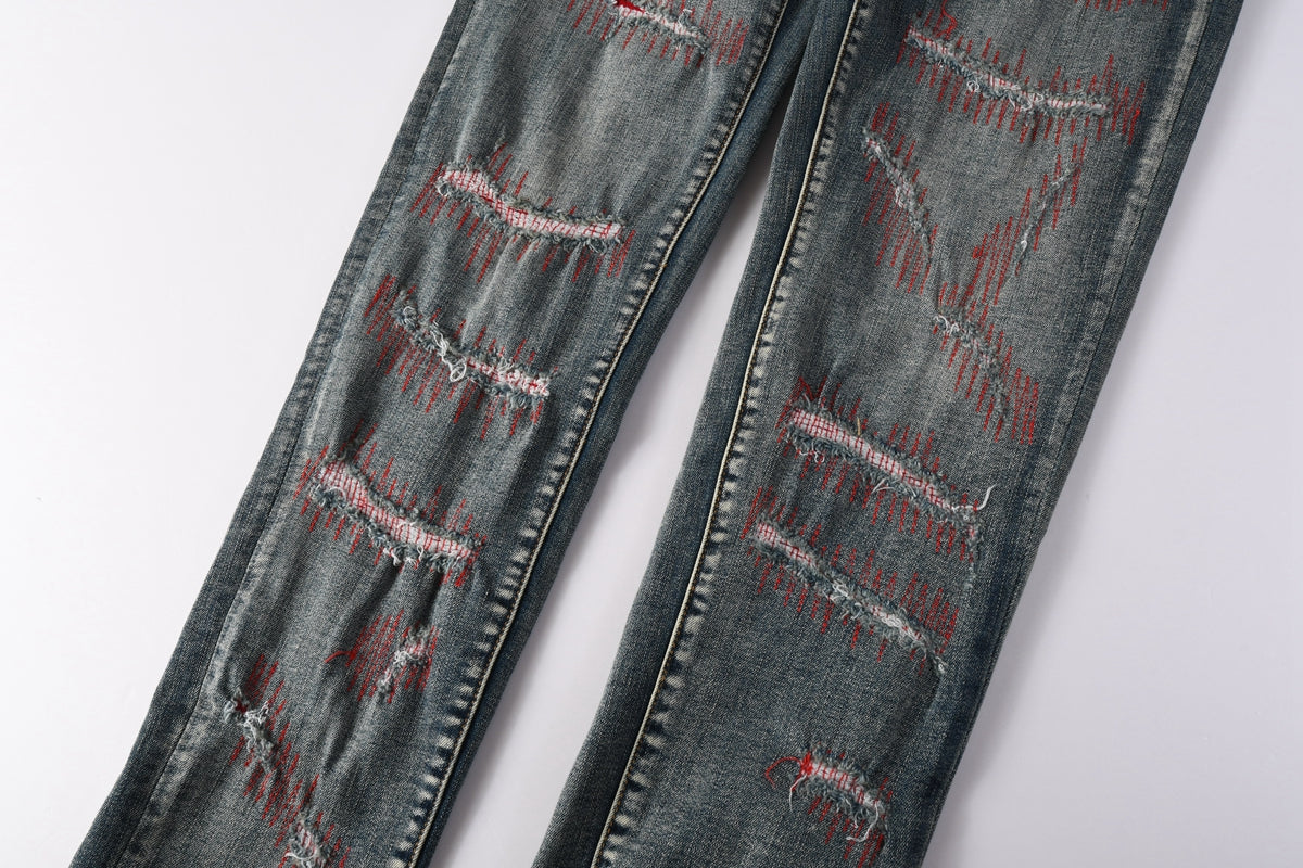 PURPLE Men Streetwear Skinny Jeans Light Blue Wash with Red - Patched Distressed Details 9114