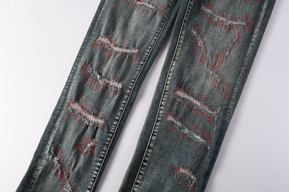 PURPLE Men Streetwear Skinny Jeans Light Blue Wash with Red - Patched Distressed Details 9114