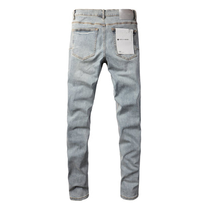 PURPLE Men Streetwear Skinny Jeans Light Blue Wash with Holographic Iridescent Finish 9005