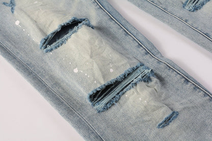 PURPLE Men Streetwear Skinny Jeans Light Blue Wash with Heavy Distressed Rips and White Paint Splatter 9003