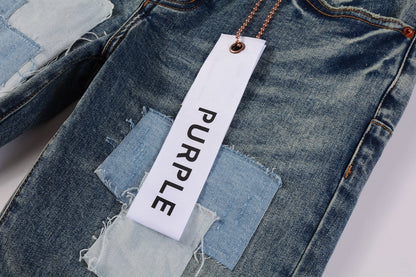 PURPLE Men Streetwear Skinny Jeans Light Blue Wash with Patchwork Distressed Details 9015