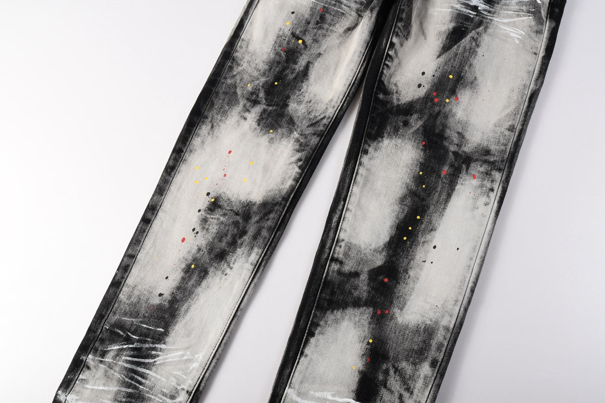 PURPLE Men Streetwear Skinny Jeans Black and White Graffiti Wash with Multi Color Paint Splash 9111