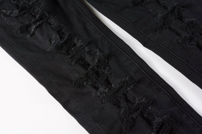 PURPLE Men Distressed Black Skinny Jeans with Heavy Ripped Design and Grunge Streetwear Vibe 9108