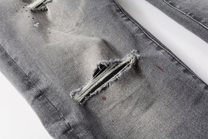 PURPLE Men Streetwear Distressed Grey Skinny Jeanswith Color Paint Splatter and Knee Rips 9107