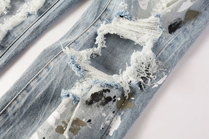 PURPLE Men Streetwear Jeans Light Blue Paint Splash Distressed Ripped skinny 9100