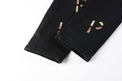 PURPLE Men Streetwear Skinny Jeans Black Wash with All-Over Metallic Gold "P" Print 9008