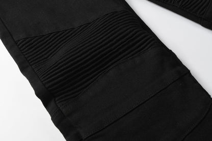 PURPLE Men Streetwear Biker Skinny Jeans Black with Knee Pleats and Zipper Pockets 0964